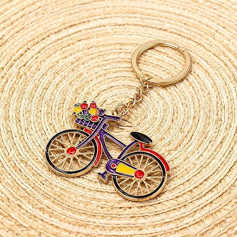 Cute Bicycle Keychain Vibrant Flower Basket Bike Key Chain